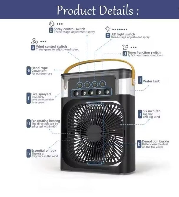Climatiseur Portable 3-en-1 – Mini Refroidisseur d’Air, Ventilateur et Humidificateur avec Veilleuse LED